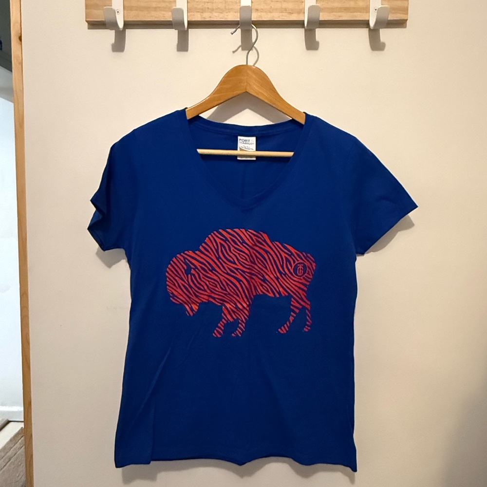 Blue T-Shirt with Red Standing Buffalo Graphic
Go Bills!